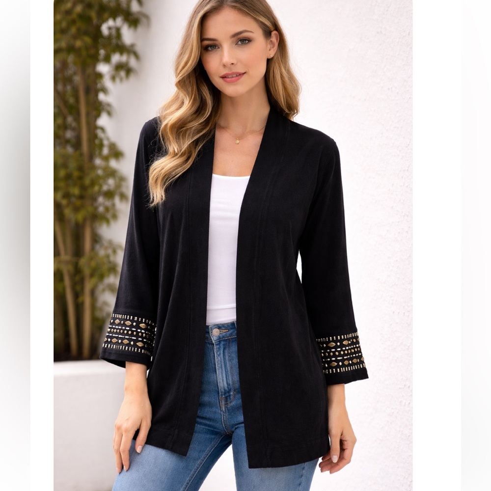 JM COLLECTION Black Studded Sleeve Hems Cardigan Sweater NWOT